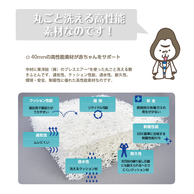 ベビー布団 ベビーマット ベビー 敷布団 ベビー マットレス 赤ちゃん 布団 赤ちゃん ベビーベッドマットレスブレスエアー 67×117×4.5cm 洗える 丸洗い 高反発 通気性 耐久性 ウォッシャブル お昼寝 硬め 固め 新生児 赤ちゃん 布団 日本製