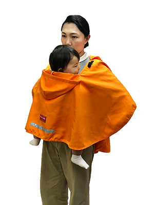 ベビー 避難用品 避難用フード付き ポンチョ ｜防災グッズ 赤ちゃん 乳児 幼児 園児 保育士 アウトドア 地震対策 水害 災害 防炎 オレンジ ネイビー 持ち運び コンパクト たためる 安心 安全 非常時 緊急時 日本製 0歳 保育園 子ども園